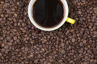 Cup of coffee and coffee beans on a table