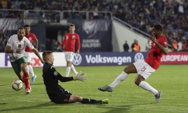 Sofia, Bulgaria - 14 October 2019: Callum Wilson is seen scoring against Bulgarian goalkeeper