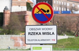 Krakow, Poland, March 23, 2024, No swimming warning at the Krakow Wisla River water area, Europe