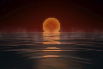 A sunset at a science fiction planet water world. 3D illustration