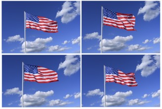 The flag of United States flutters in the wind in a blue sky with white clouds