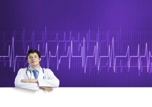 Young handsome doctor holding white blank banner. Place your text
