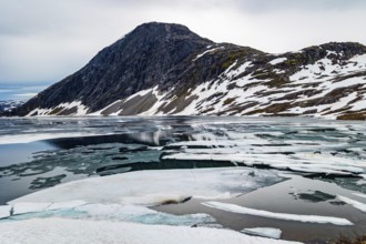 The very cold clear water of the lake Djupvatnet is covered with ice in July. The mountains are