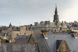 High angle view of Dinan with old cobblestoned streets and stone medieval houses, French Brittany