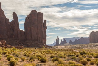 Scenic view of Totem Poles rock formation in the Monument Valley, USA, North America