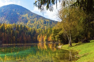 Orange, yellow and red trees are reflected in the green smooth water of the lake. Lake Fuzine.
