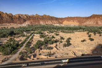 View of the palm oasis Al Ula, Kingdom of Saudi Arabia, from the fortress of the old town