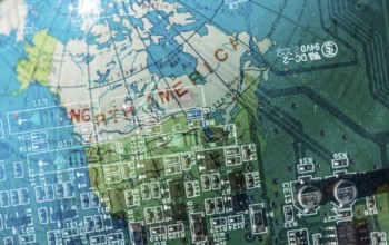 Double exposure technology background and world map. Motherboard