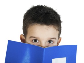 Child with notebook in front of the face. White isolated