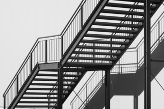 Greyscale shot outdoor stairway to the building in the sun