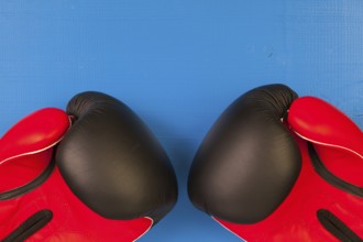 Red and black boxing gloves on a blue wooden table