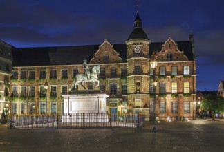 City hall of Dusseldorf (Rathaus) with Jan Wellem Equestrian Statue in evening, Germany, Europe