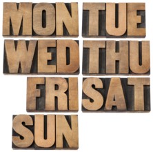 7 days of week (first 3 letter symbols) in isolated vintagewood letterpress printing blocks