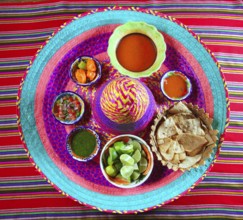 Assorted Mexican sauces spices chili pico gallo on Mexican colorful hat