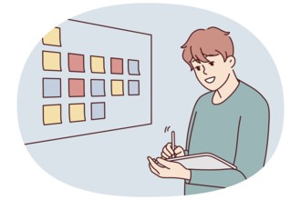 Motivated businessman brainstorm wok with sticky notes on board in office. Male employee or worker