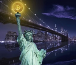 New york skyline with liberty holding bitcoin concept photomount
