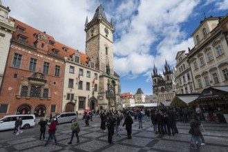 PRAGUE, CZECHIA - MARCH 25, 2023. Old Town Hall astronomical clock and old town.