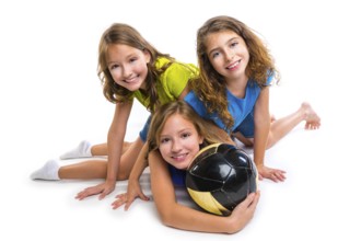 Football soccer girls team portrait with ball on white background