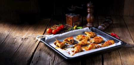 Rustic backed chicken wings, legs on baking tray