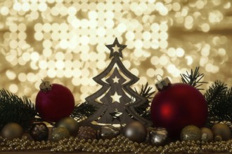 A Christmas symbols decoration red glass balls and bokeh lights