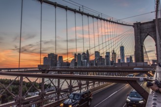 Night coming over famous Brooklyn Bridge, New York City, USA, North America