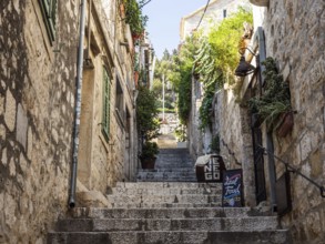 Stone steps, narrow alley in the old town centre, town of Hvar, island of Hvar, Dalmatia, Croatia,