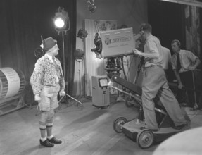 Television in the 1940s. Actor Max Hansen performing on televison 1948. A television broadcast