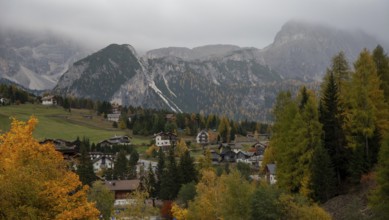 Traditional wooden cottage mountain houses in the green field in the dolomites. Housing in