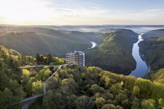 Aerial view of the Saarschleife in Mettlach with the treetop walk in spring, Germany, Europe