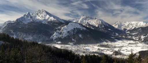 Mountain Panorama with Watzmann in National Park Bechtesgadener Land with snow in winter