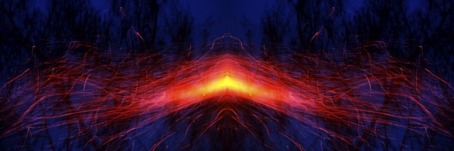 From a glowing hot centre in shades of yellow and orange, bright red trajectories of sparks move
