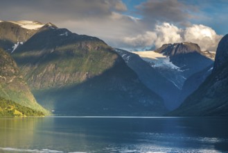 Beautiful landscape at the glacier lake in Loen in Norway during summer time