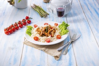 Turkey fricassee on rice with asparagus and peppers