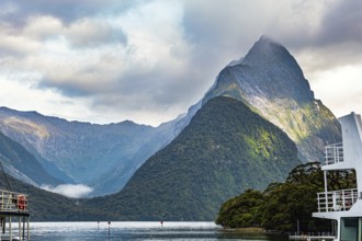 Port of tourist and pleasure boats of the Milford Sound fjord. The magical nature of the southern