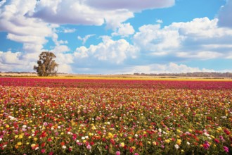 Large multicolored buttercups - ranunculus bloom in fields in southern Israel. Huge floral carpet
