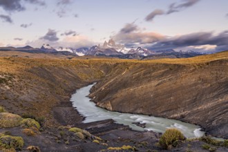 The Las Vueltas river with Mount Fitz Roy in the morning light in Los Glaciares National Park, El