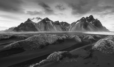 Black and white image of Icelandic Landscape Southern Iceland, Hofn, Stokksnes peninsula with the