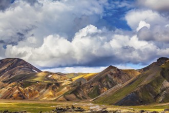 Travel to Iceland in the summer. National Park Landmannalaugar. Multicolored rhyolite mountains of