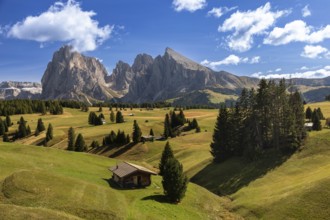 Hut on the Seiser Alm, Alpe di Siusi, in front of Langkofel and Plattkofel, South Tyrol