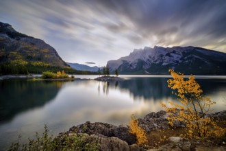 Beautiful autumn landscape scene in lake and mountain in background in west Canada