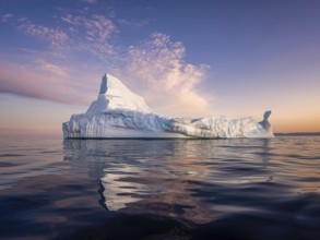 Large glaciers in the bay by the rocky shore in the light of the setting sun