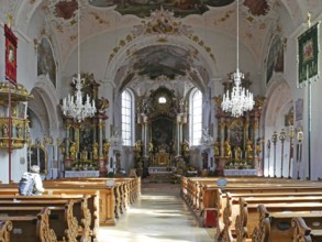 Opulent baroque decor in the Catholic town church of St Peter and Paul Mittenwald. Bavaria,