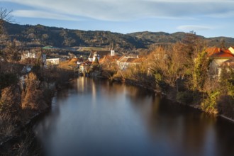 View of the historic city centre, old town of Leoben at the river Mur, Schwammerlturm and church St