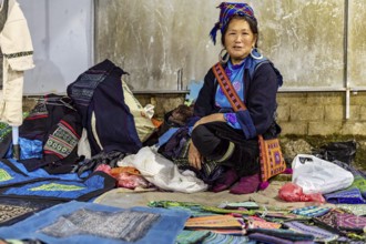 Woman in traditional dress presents handmade textiles at a lively market stall, The street market