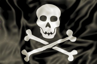 3D Pirate Flag waving, white skull and bones on black background