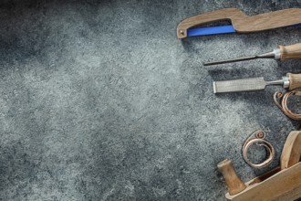 Planner Chisels Handsaw On Gray Background Free Space