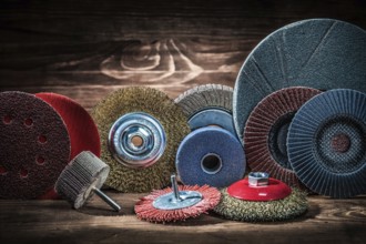 Abrasive rotary wheels set on vintage wood