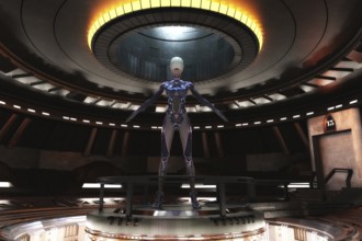 Artistic 3D illustration of a science fiction scene