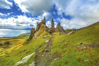 Old Man of Storr, large pinnacle of rock on top of a north hill in the isle of Skye, Highlands in