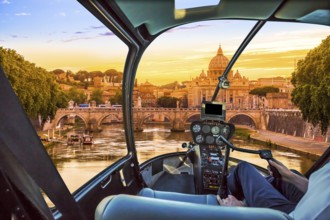 Rome at Sunset with San Pietro basilica, Sant'Angelo bridge and Tevere river in Roma, Italy.